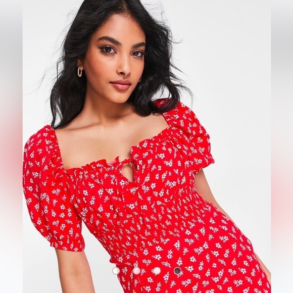 & Other Stories Red Floral Puff Sleeve Milkmaid Maxi Dress Cottagecore Coquette - Picture 3 of 15